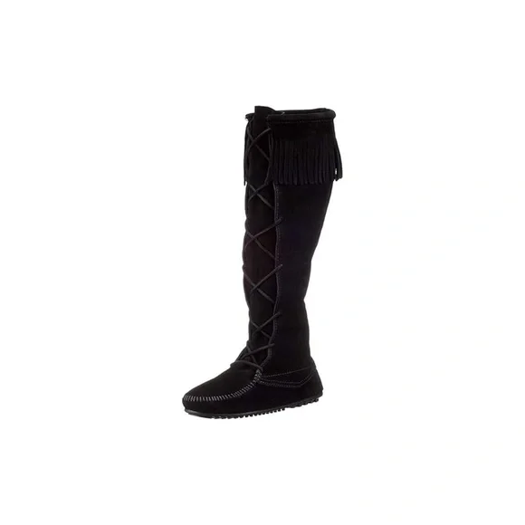 Minnetonka Black Suede Fringe Knee-High Boots - Picture 6 of 7